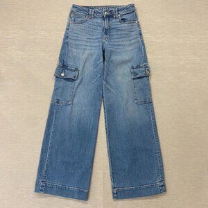 American Eagle Baggy Wide Leg Cargo Jeans Womens 2 Reg 27x32 Super High Rise